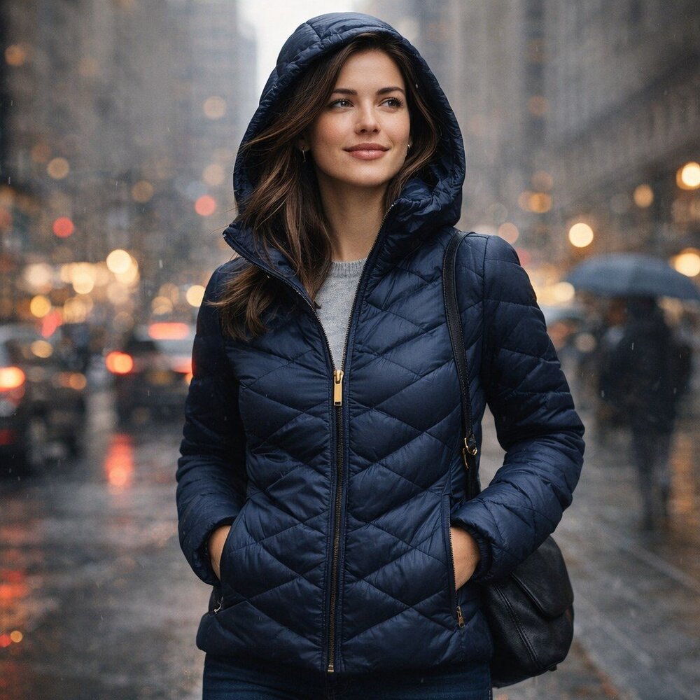 London Fog Packable Down Puffer Jacket Navy Blue Hooded Lightweight Size S